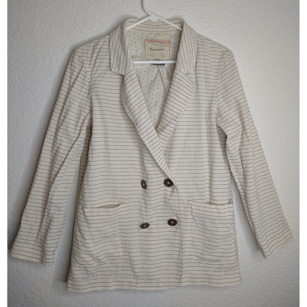 Anthropologie Cartonnier Double Breasted Blazer Jacket Women Small White Striped